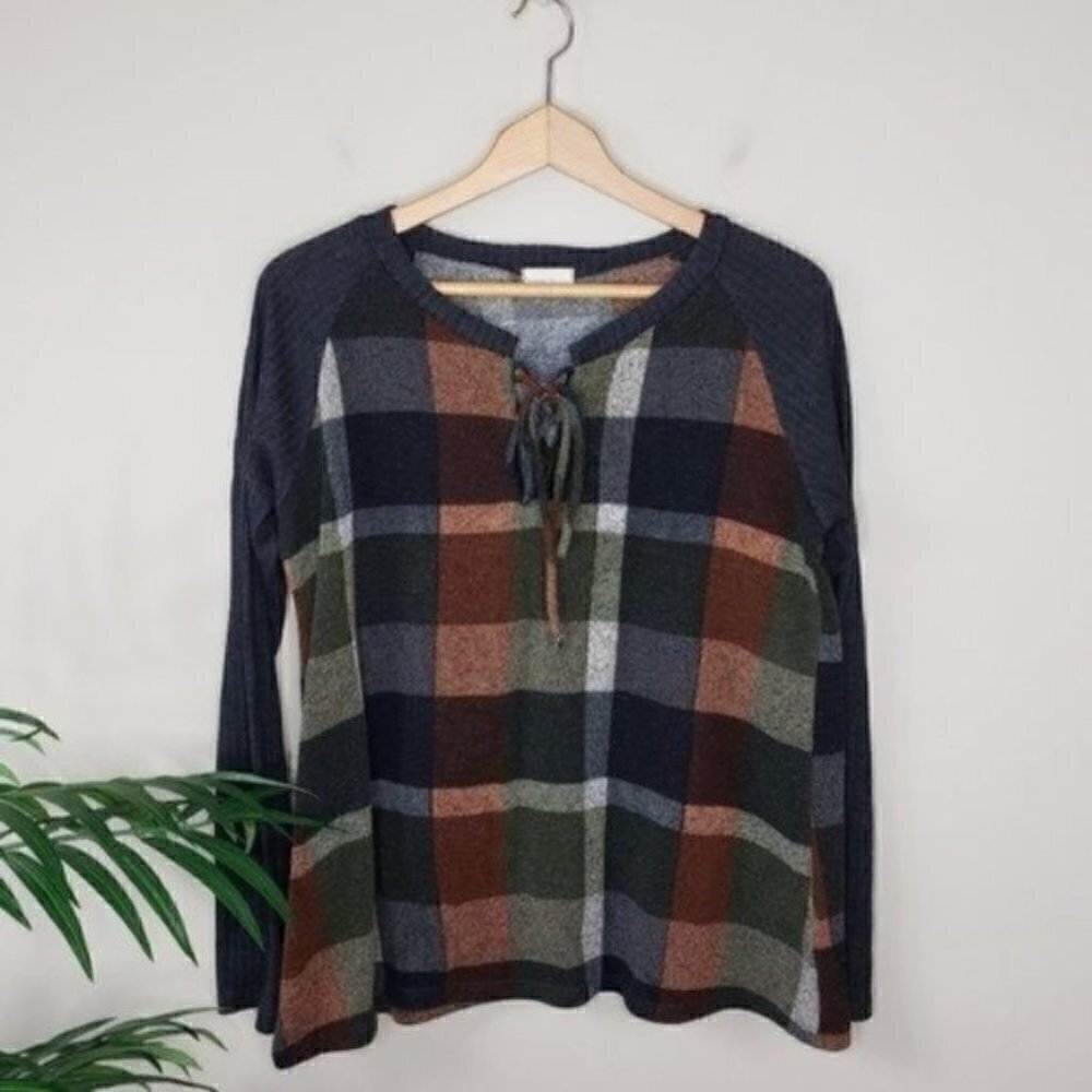 143 Story Plaid Lace-Up Detail Sweater Size Medium